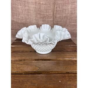 Fenton Hobnail Milk Glass Crimped Edge Ruffle Bowl 9.5”Diameter~Vintage